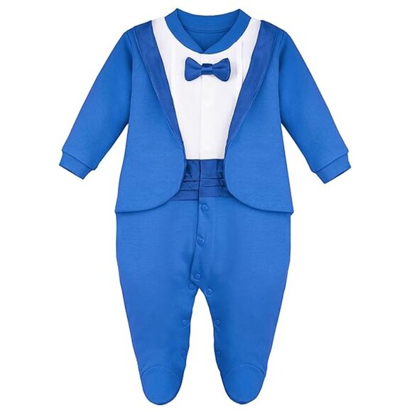 Baby Boy Blue Gentleman Tuxedo Footie Outfit with Bow Tie SZ NB - Picture 9 of 11